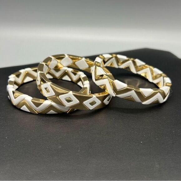 Enamel Tile Stretch Stackable White Gold Set of 3 Bracelets - Picture 1 of 6
